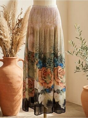 NEVADA| Vintage Semi-Sheer Lined Floral Maxi Skirt in Muted Peach and Blue Sz 10